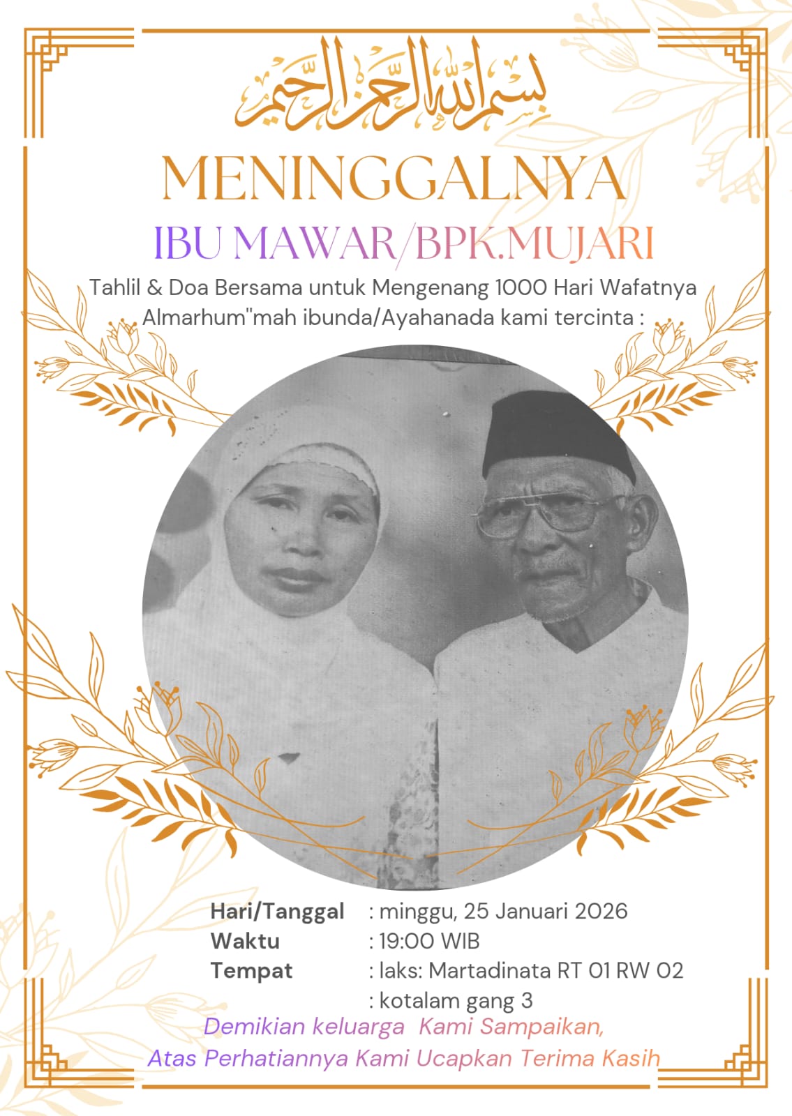 PERINGATAN 1000 HARI IBU MAWAR DAN  AYAH MUJARI AJAK WARGA BERDOA BERSAMA