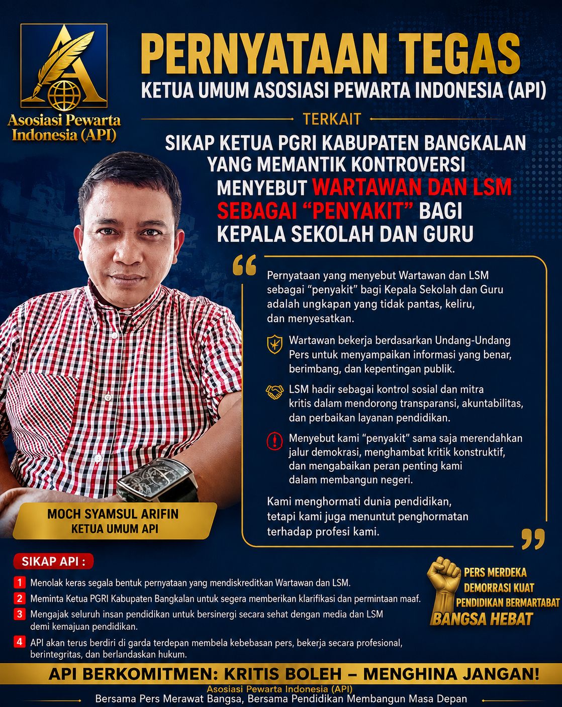 Pernyataan Ketua PGRI Bangkalan Memantik Kontroversi, API Minta Evaluasi Kepemimpinan
