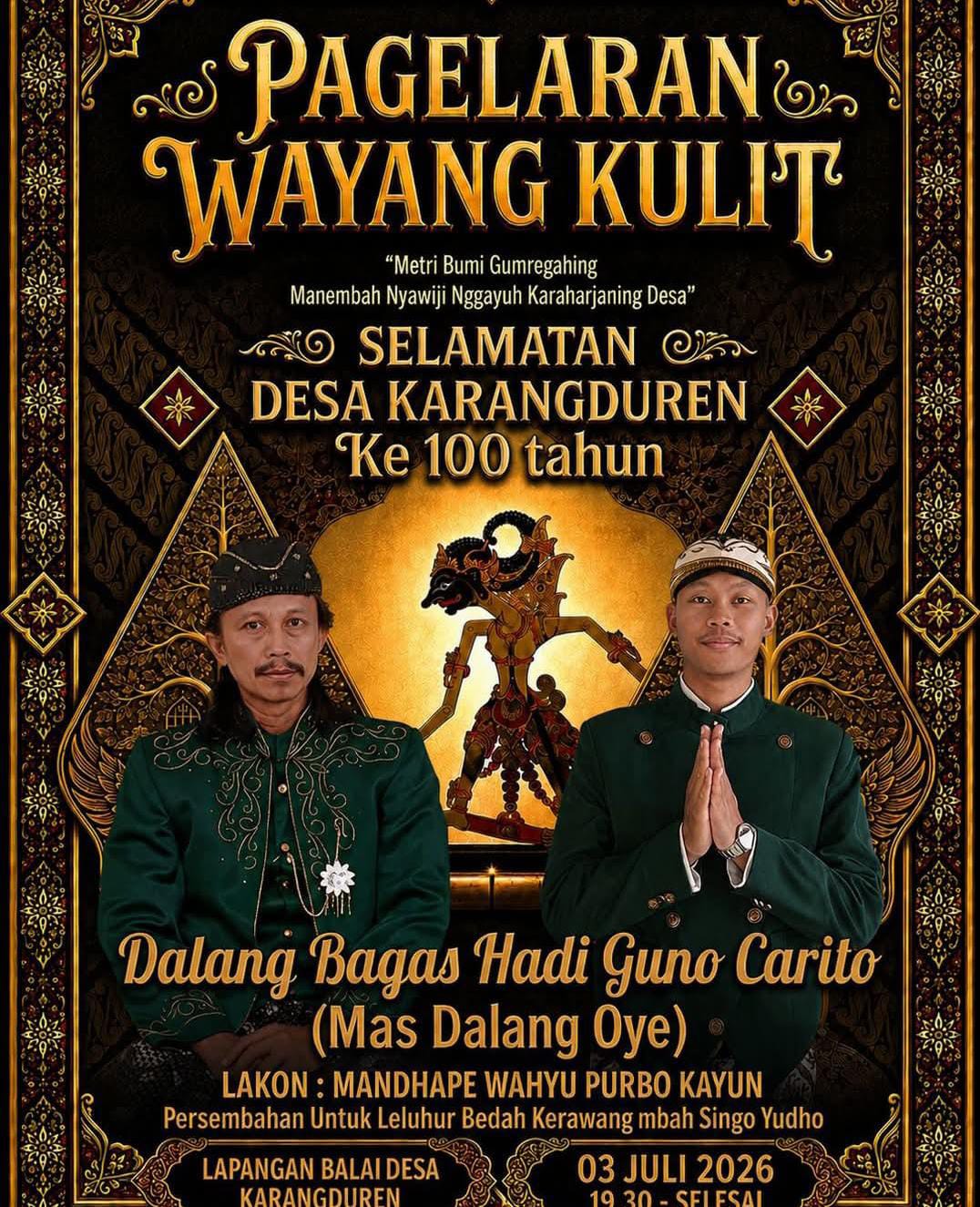 Peringatan 100 Tahun Desa Karangduren: Gelar Selamatan, Layanan Sosial, dan Pagelaran Wayang Kulit Spesial